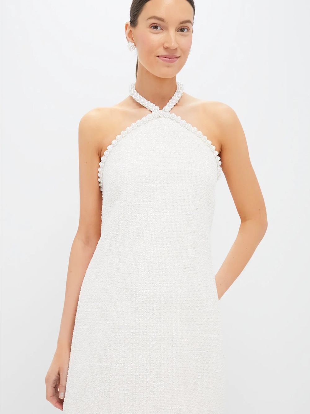 Pearl-Trim White Halter Mini Dress - Picture 2 of 3